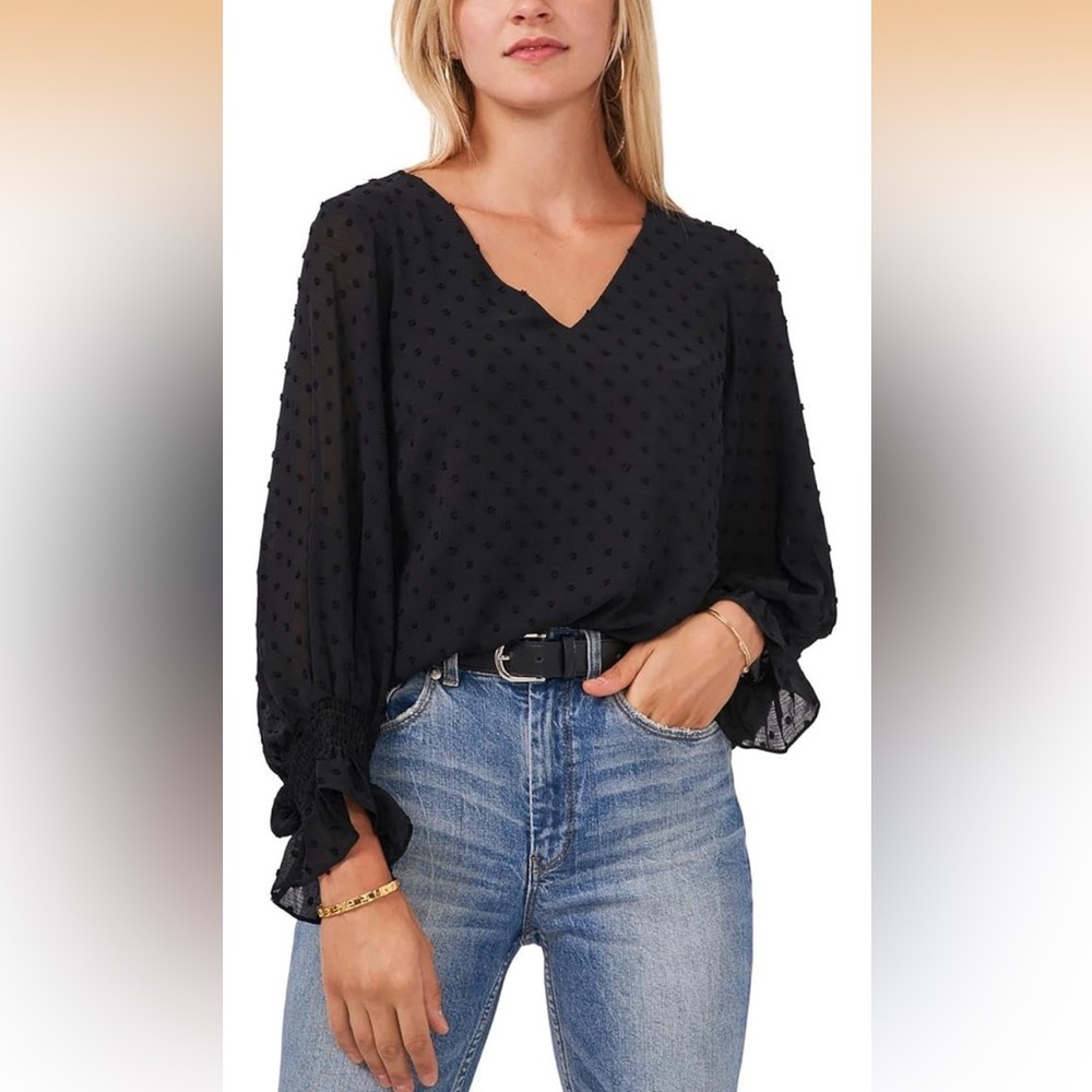 Vince Camuto Clip Dot V Neck Blouse Black Long Sleeve XS NWT